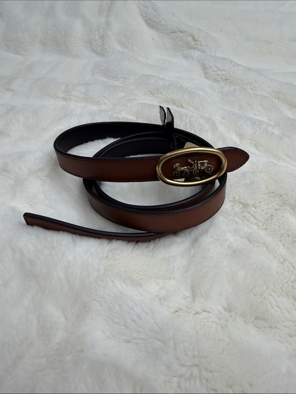 Coach Brown Leather Belt with Gold Horse & Carriage Oval Buckle